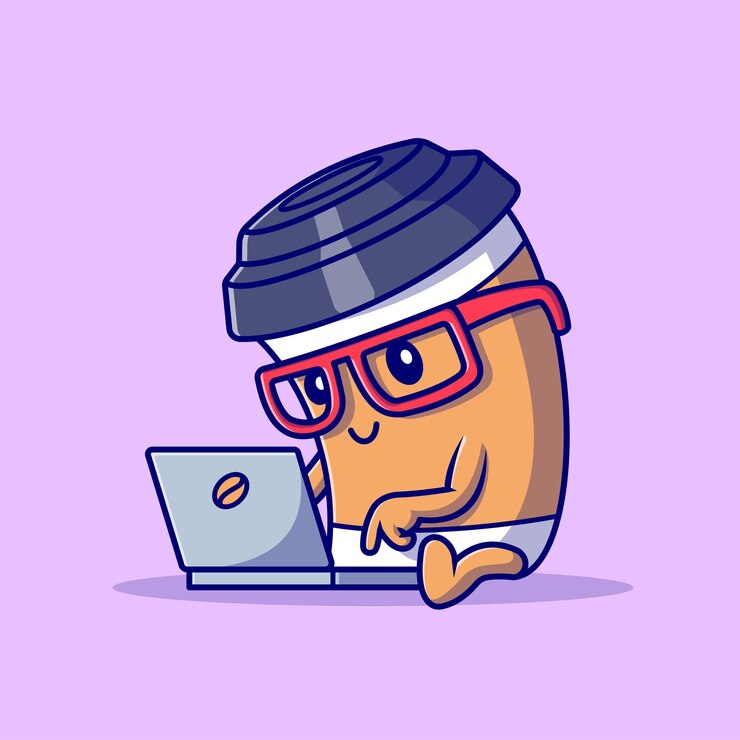 Vector taza de café linda que trabaja en la ilustración del icono del vector de la historieta del ordenador portátil. icono de tecnología de bebida aislado