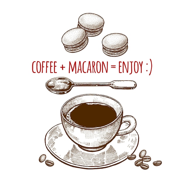 Vector taza de café y macaron