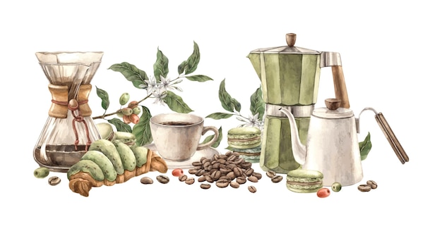 Taza de café con macarrón de pistacho y croissant ramas y granos de café filtro de cafetera Geyser y tetera plantilla de composición de acuarela para tiendas y cafés embalaje y menú