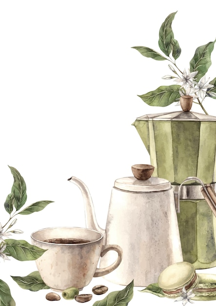Taza de café con macarrones de pistacho y cafetera geyser Flores botánicas ramas y frutos del árbol de café frijoles asados Composición de acuarela para cafetería y tienda diseño de postales pancarta