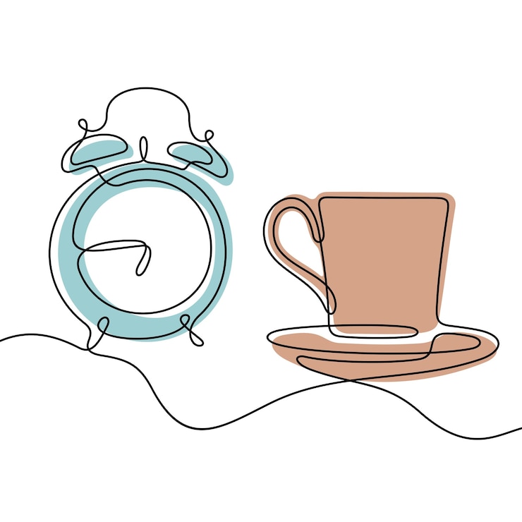 Vector taza de café de la mañana y despertador de línea continua ilustración vectorial colorida
