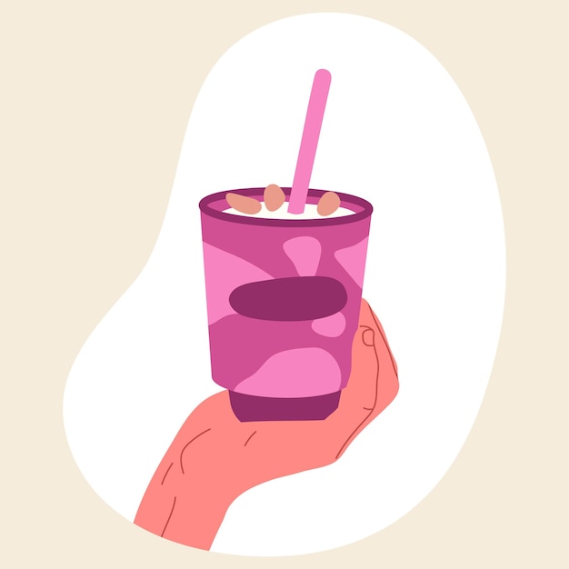 Taza de café en la mano taza de chocolate caliente con ilustración de vector plano de malvavisco sobre fondo blanco