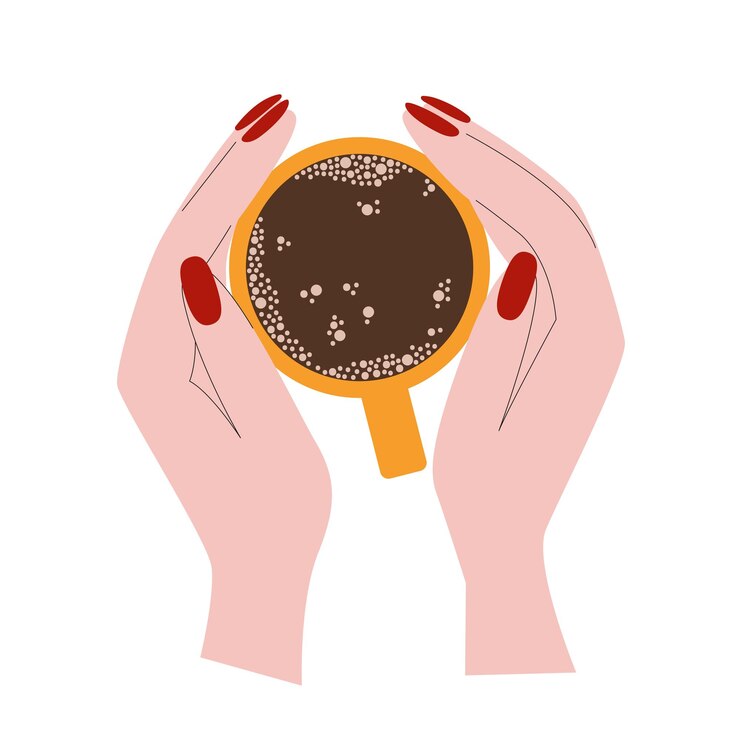 Taza de café en manos de una mujer Ilustración plana vectorial de vista superior