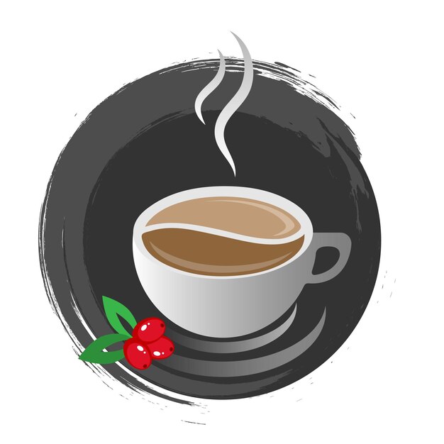 Una taza de café natural con hojas y granos de café junto a un círculo