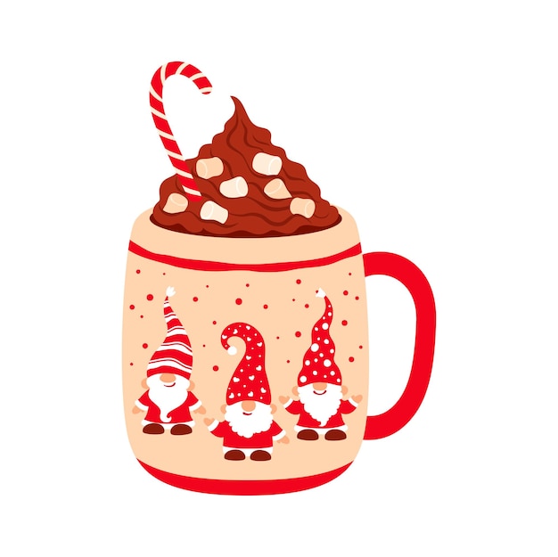 Vector taza de café de navidad con bebida de ponche de huevo caliente de gnomos