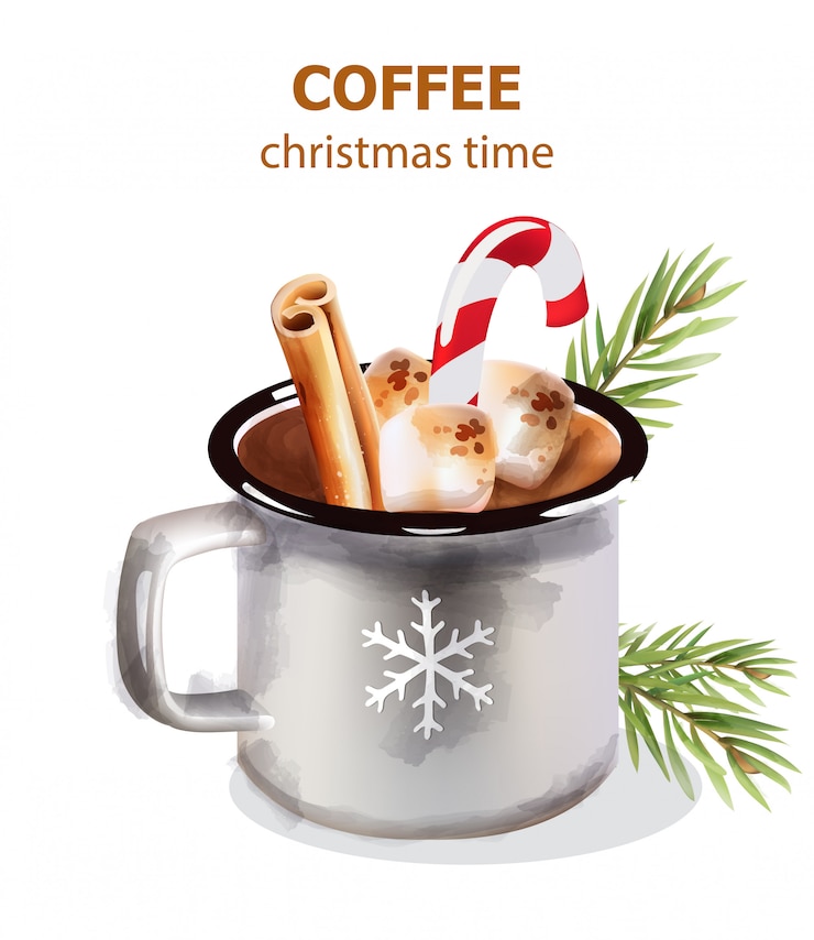 Vector taza de café de navidad con dulces y decoraciones navideñas