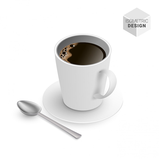 Vector taza de café negro isométrica con cuchara