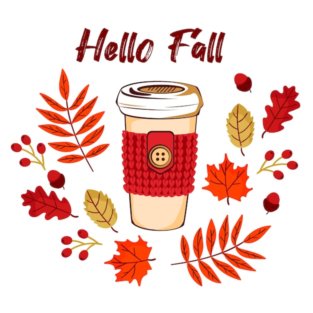 Una taza de café o bebida caliente y hojas de otoño. La inscripción - Hola otoño. Composición vectorial de elementos otoñales estacionales sobre un fondo blanco.