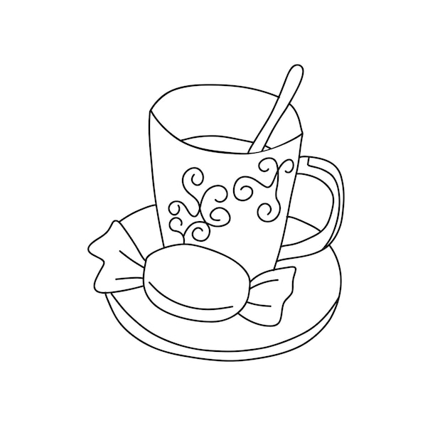 Taza de café o té con diseño de cuchara en el interior del platillo dulce Doodle de contorno dibujado a mano