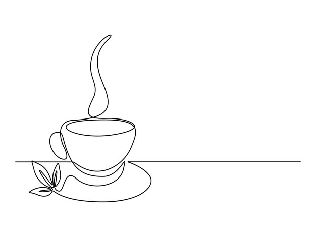 Taza de café o té una línea continua dibujando bebida caliente con ilustración vectorial de vapor