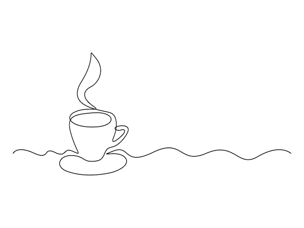 Taza de café o té una línea continua dibujando bebida caliente con ilustración vectorial de vapor