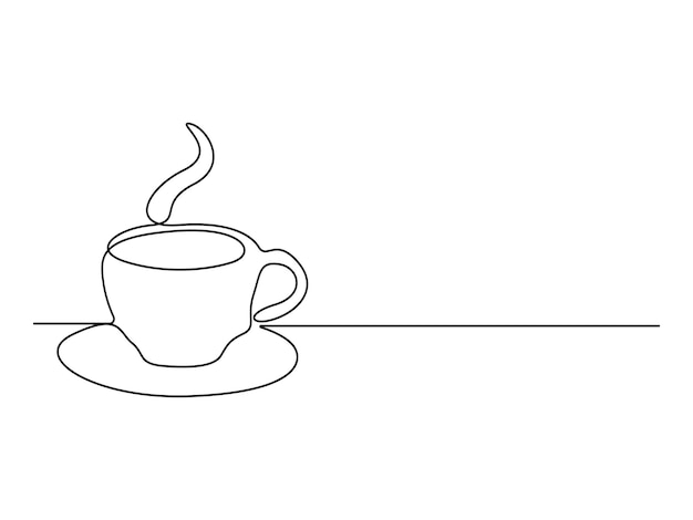 Taza de café o té una línea continua dibujando bebida caliente con ilustración vectorial de vapor