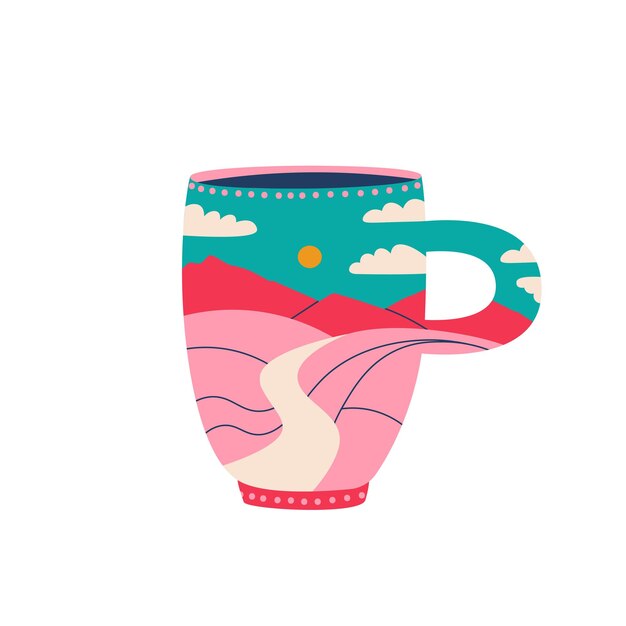 Taza de café o té con paisaje interior Vaso de café para llevar Montañas colinas cielo y nubes Vector estilo de moda aislado en ilustración de fondo blanco