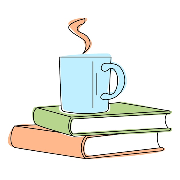 Una taza de café o té en una pila de libros en una ilustración vectorial