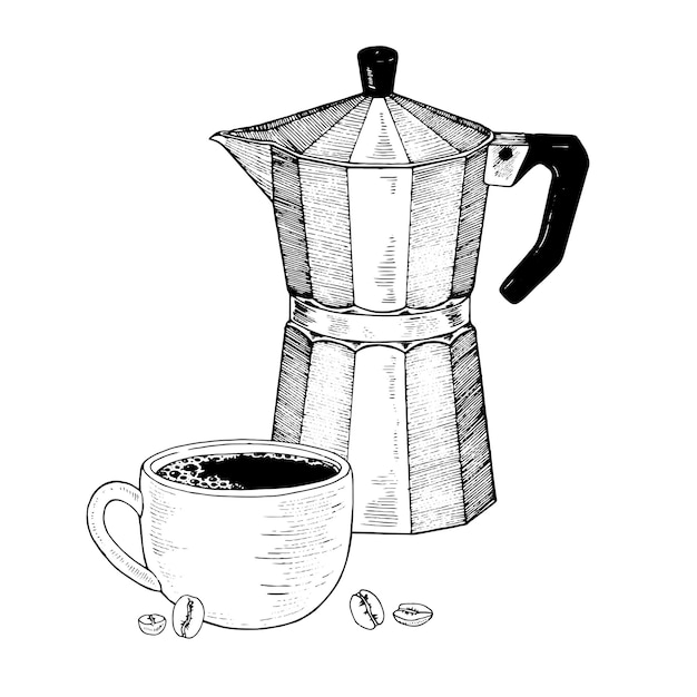 Taza de café y olla vector ilustrado a mano espresso en taza dibujo de boceto arte de línea negra