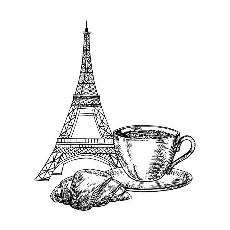 Vector una taza de café y un pan de croissant francés en el fondo de la torre eiffel