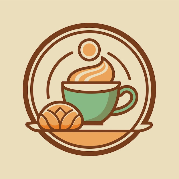 Vector una taza de café y pan servido en un plato un diseño minimalista de un logotipo clásico de comida rápida