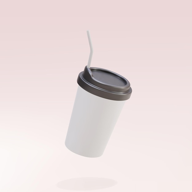 Taza de café de papel blanco 3D con una pajita sobre un fondo rosa