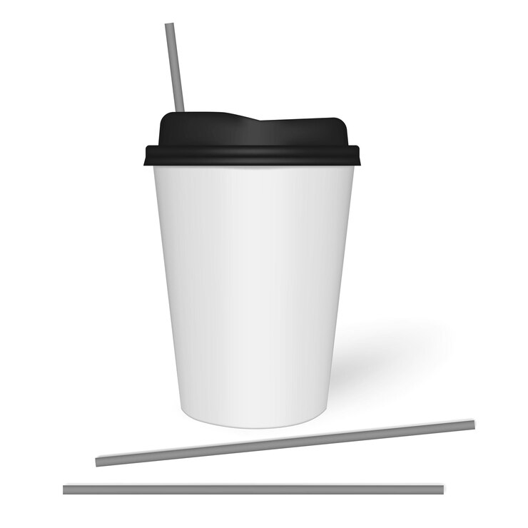 Vector taza de café de papel blanco desechable para llevar con tapa de plástico negro y pajitas para beber