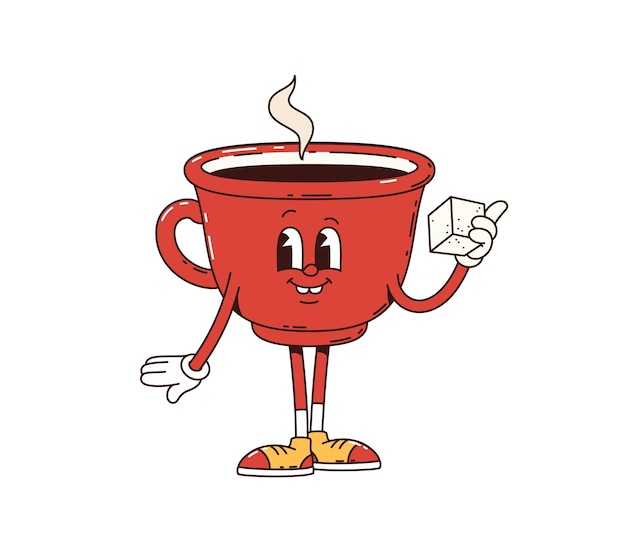 Taza de café personaje retro groovy sosteniendo un azúcar