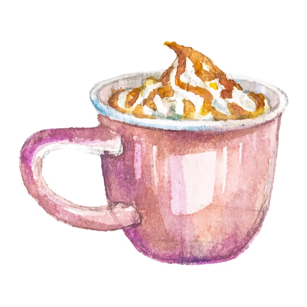 Taza de café pintada en acuarela, elemento de diseño dibujado a mano aislado sobre un fondo blanco