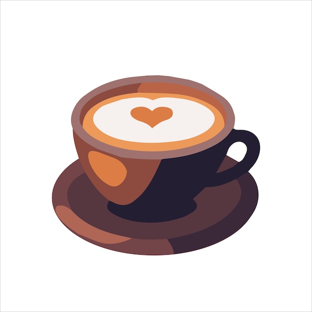 Taza de café plana con ilustración de vector de arte de latte de signo de corazón aislado en un fondo blanco