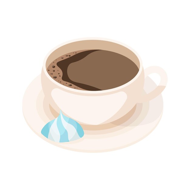 Taza de café en un platillo y malvaviscos