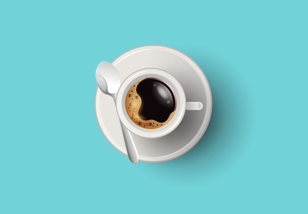 Vector una taza de café y platillo, vista desde arriba, vector realista