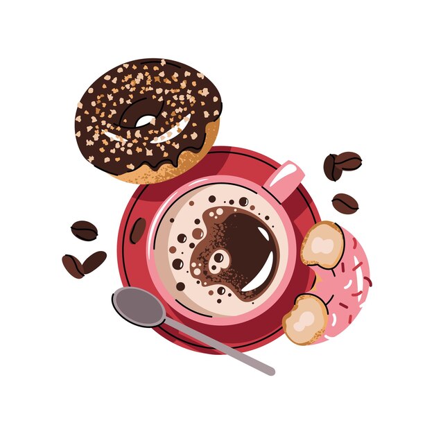 Taza de café con rosquilla al estilo de dibujos animados deliciosa bebida de café con postre composición de desayuno vista superior para el menú pegatina postal etc.