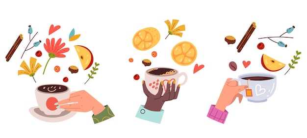 Taza de café, taza de té, bebida caliente en la mano, conjunto aislado, ilustración de diseño gráfico