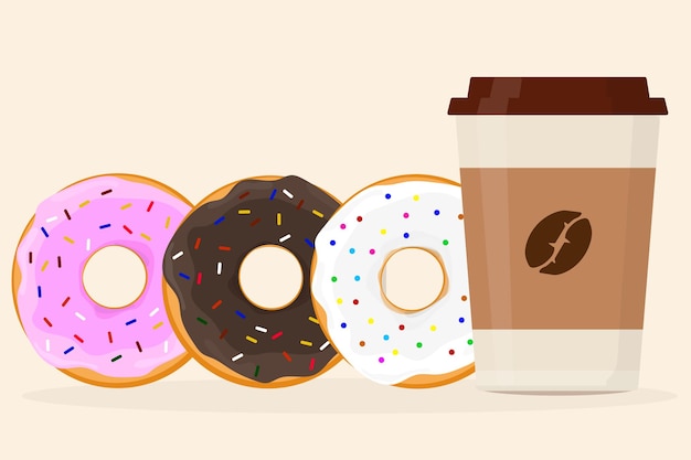 Vector una taza de café en un vaso de papel con tapa y donuts con diferentes rellenos