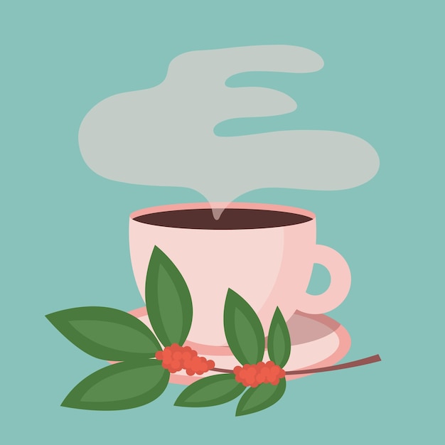 Taza de café vectorial con ilustración plana de planta de humo y grano de café Impresión plana de vector de taza de café