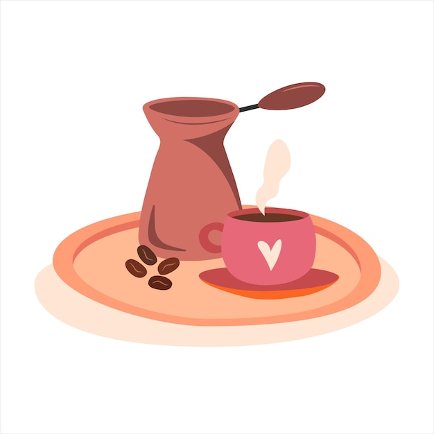 Taza de café vectorial en un platillo con frijoles en vector aislado de tarro