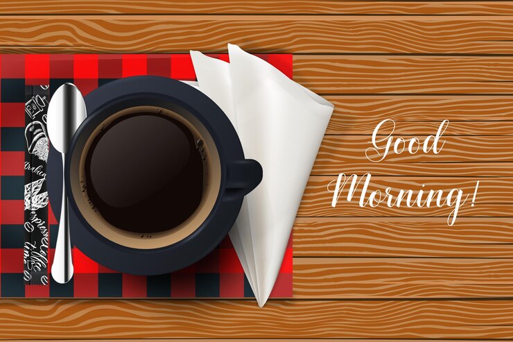 Vector taza de café vectorial realista y vista superior del platillo aislado sobre fondo de madera con mantel a cuadros concepto de buenos días