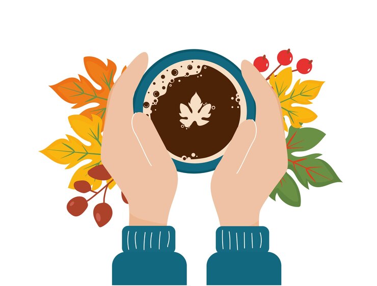 Vector taza de café vista desde arriba en las manos. bebida de otoño.