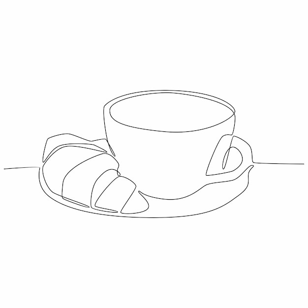 Una taza de capuchino con un dibujo de línea continua de croissant