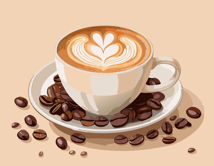 una taza de capuchino con granos de café en una mesa