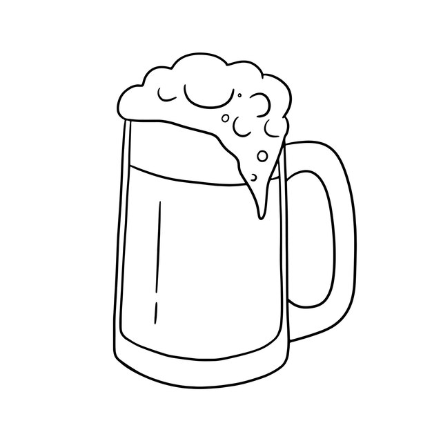 Taza de cerveza con espuma Taza de vidrio con bebida Vector contorno doodle boceto aislado sobre fondo blanco