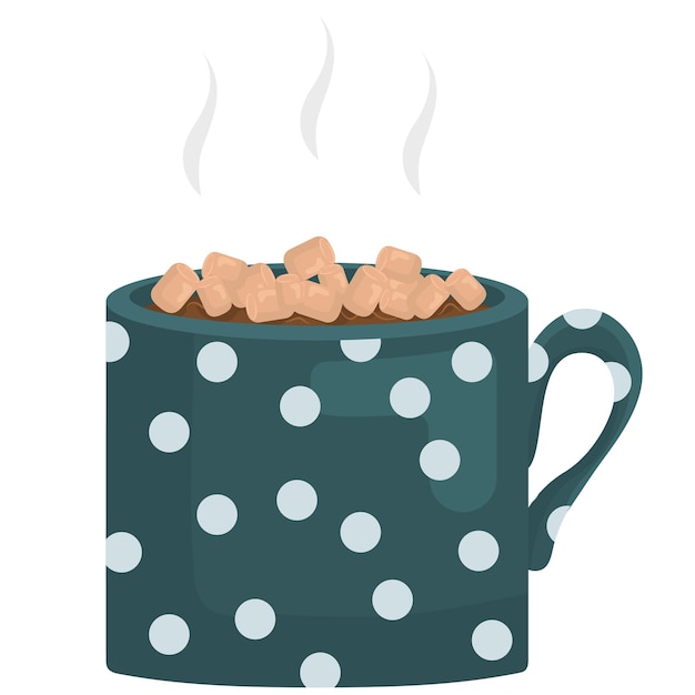 Taza de chocolate caliente con malvaviscos Taza azul con patrón Bebida láctea dulce para pancartas de café Ilustración vectorial para la comodidad del hogar y los temas de la estación fría