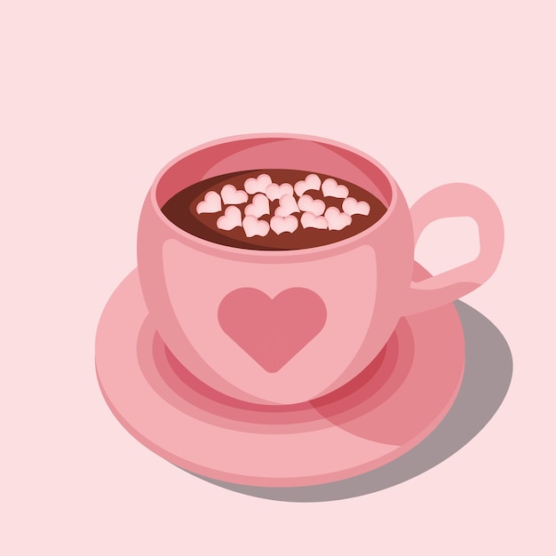 Vector taza de chocolate caliente con malvaviscos una taza rosa de cacao con adorno de corazón ilustraciones de vectores de tarjetas de felicitación de amor elementos de diseño aislados