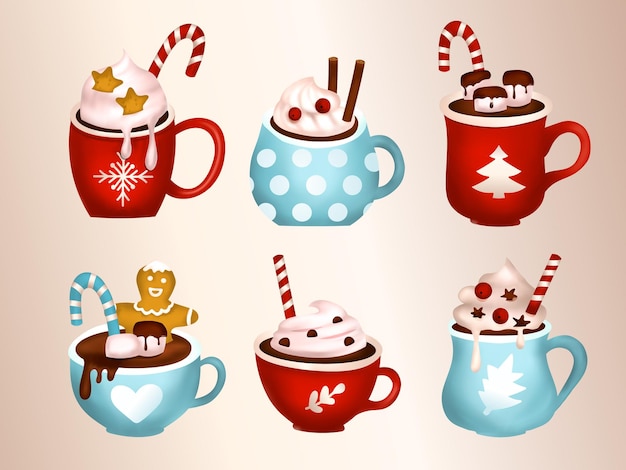 Taza de chocolate caliente navidad café 3d dibujos animados vector latte bebida conjunto