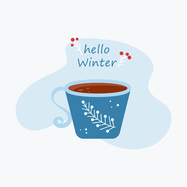 Una taza de chocolate caliente o café con un diseño invernal en una taza azul al estilo de las caricaturas