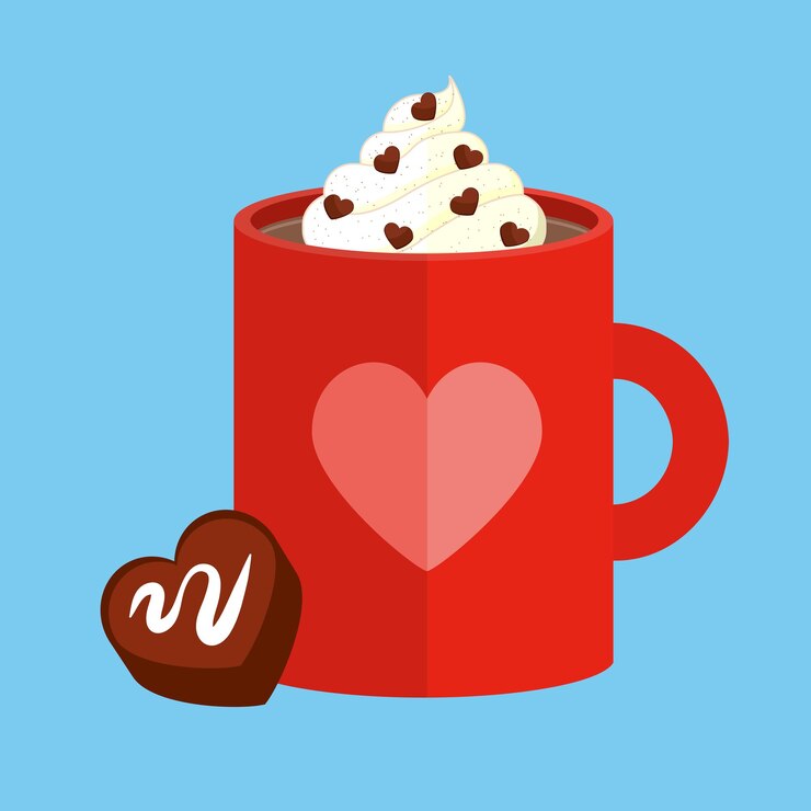 taza de chocolate caliente y un trozo de chocolate en forma de corazón del tamaño de un bocado.