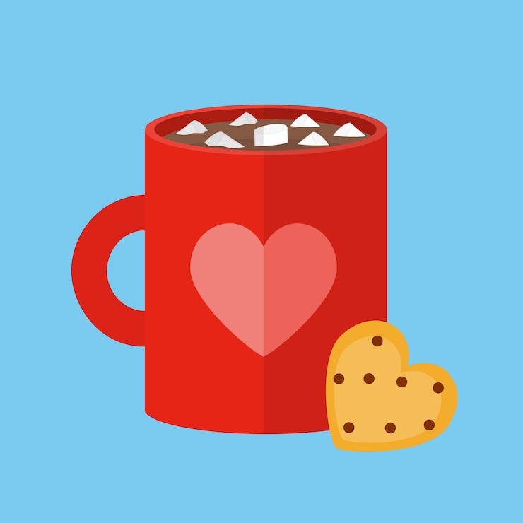 Vector taza de chocolate caliente y trozo de galleta en forma de corazón.
