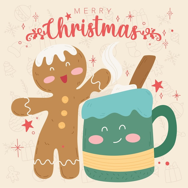 Taza de chocolate y dibujos animados de hombre de pan de jengibre Feliz Navidad gretting tarjeta Vector