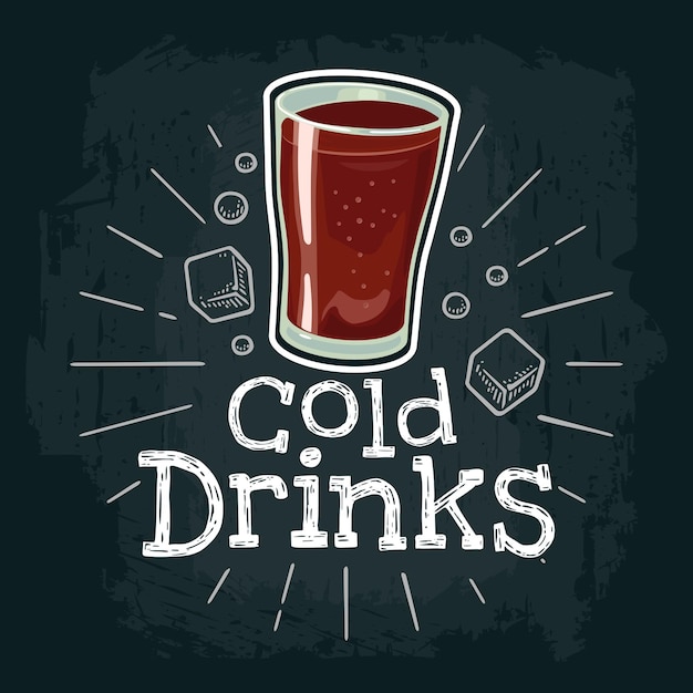 Taza de cola Vector color ilustración plana para la etiqueta del cartel y menú café comida rápida Aislado en la pizarra negra con tiza blanca vintage grabado rayos letras Bebidas frías cubo de hielo