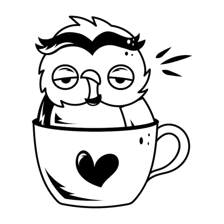 Vector una taza con un corazón en ella y un dibujo de dibujos animados de un búho de caricatura con un corazónen ella