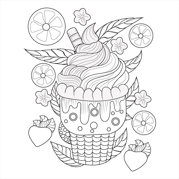 Taza decorativa de helado con frutas y acentos florales Esbozo para colorear