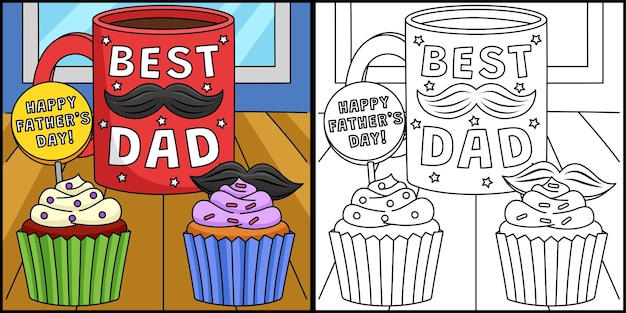 Taza del día del padre y cupcakes para colorear ilustración