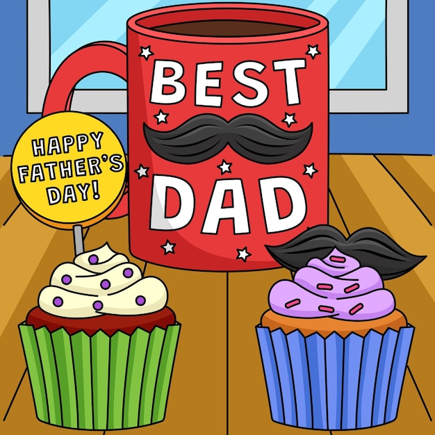 Vector taza del día del padre y cupcakes de dibujos animados de colores
